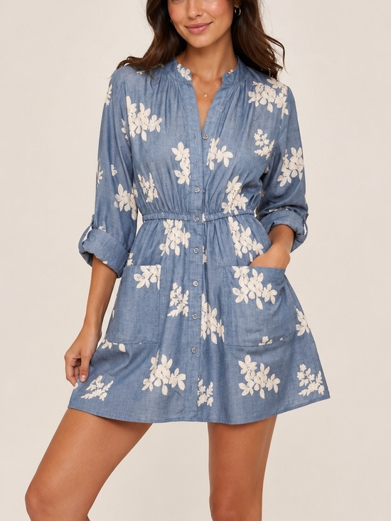 Db Established 1962 Dresses & Skirts - Blue Appliqued Floral Button-Front Mini Dress